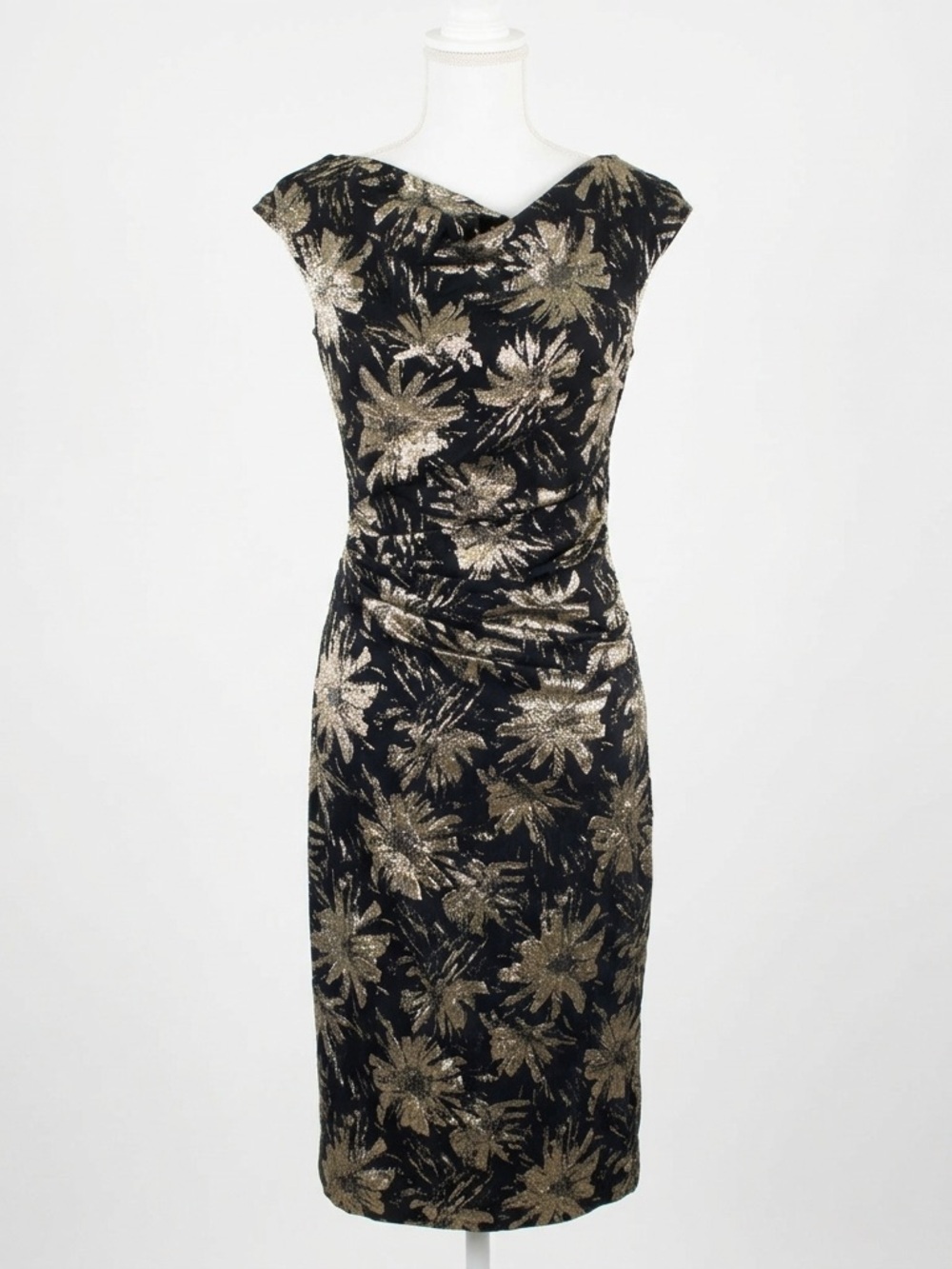Teri Jon by Rickie Freeman Metallic Gold Jacquard Floral Sheath Dress Sz 6